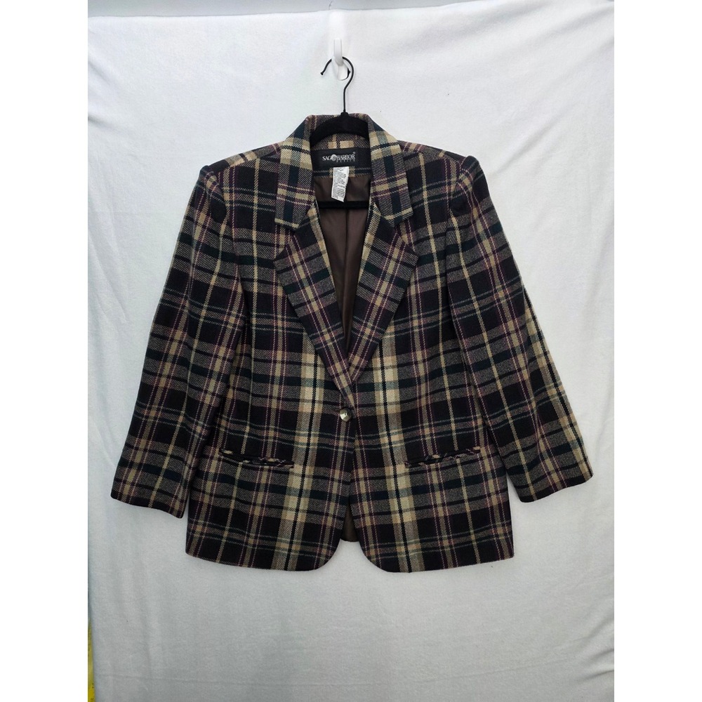 Sag Harbor Petite Plaid Wool Blend Blazer Brown Purple Green F82026 Size 10P